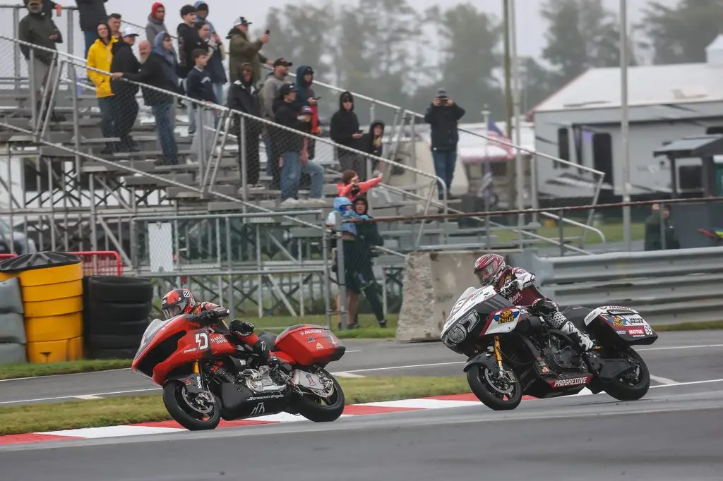 Kyle Wyman on Harley-Davidson racing ahead of Hayden Gillim on Indian at the 2026 New Jersey finale