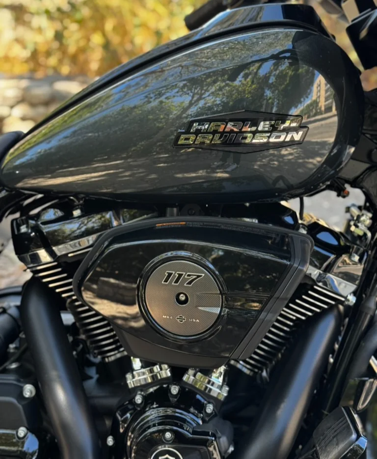 Close-up of the Milwaukee-Eight 117 powerplant—showing off the sharp new Harley-Davidson badge, the 117 air cleaner, and the muscle behind the ride. Clean, bold, and all business.
