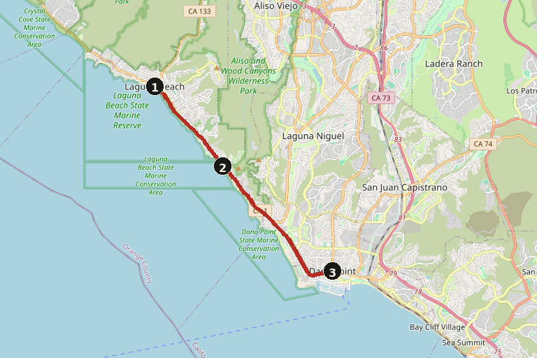 Map of Laguna Beach to Dana Point